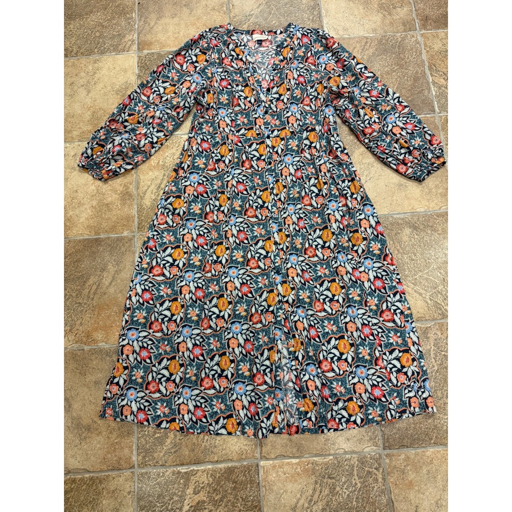 Universal Thread Floral Button Down Midi Dress Navy Orange XL Long Sleeve V-Neck